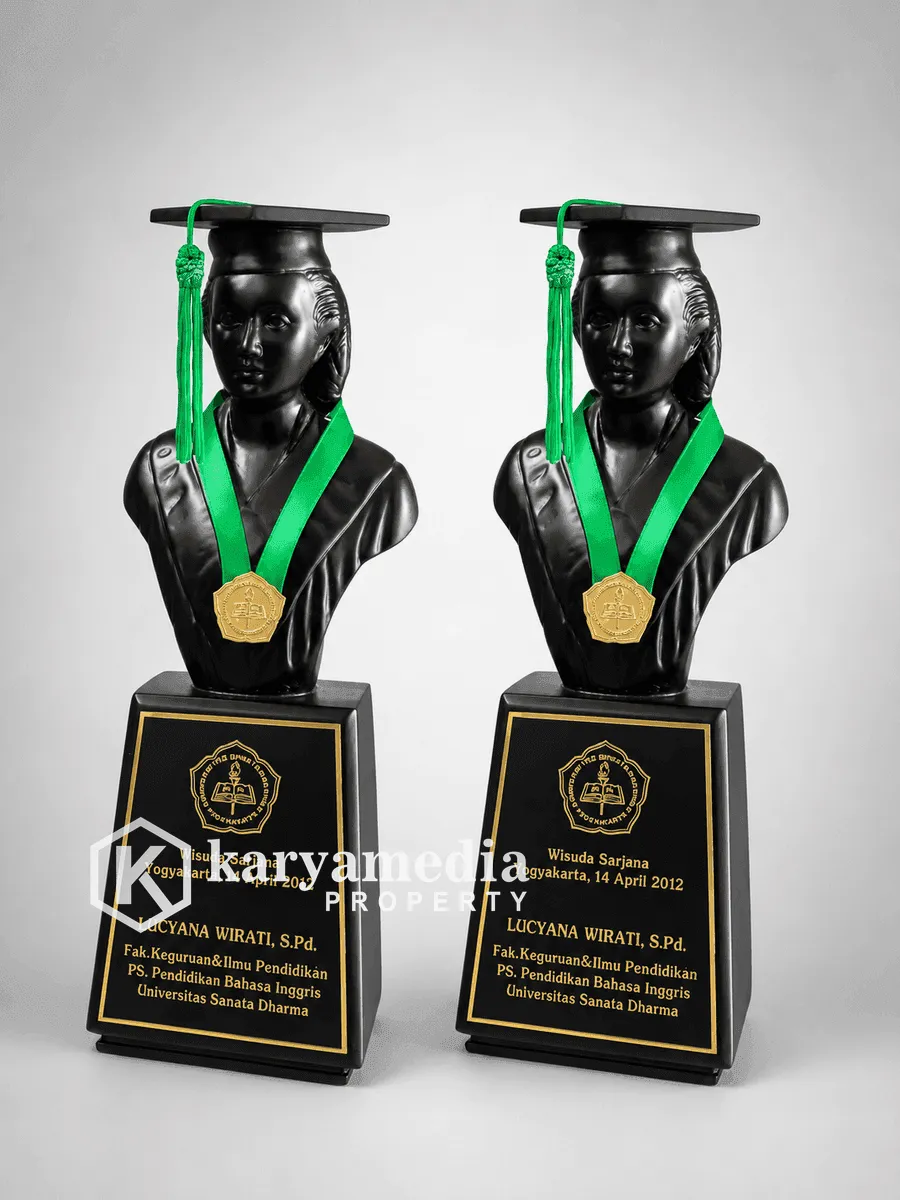 Patung Wisuda Resin Hitam Bust Wanita Tali Hijau - Patung Wisuda Karyamedia Souvenir